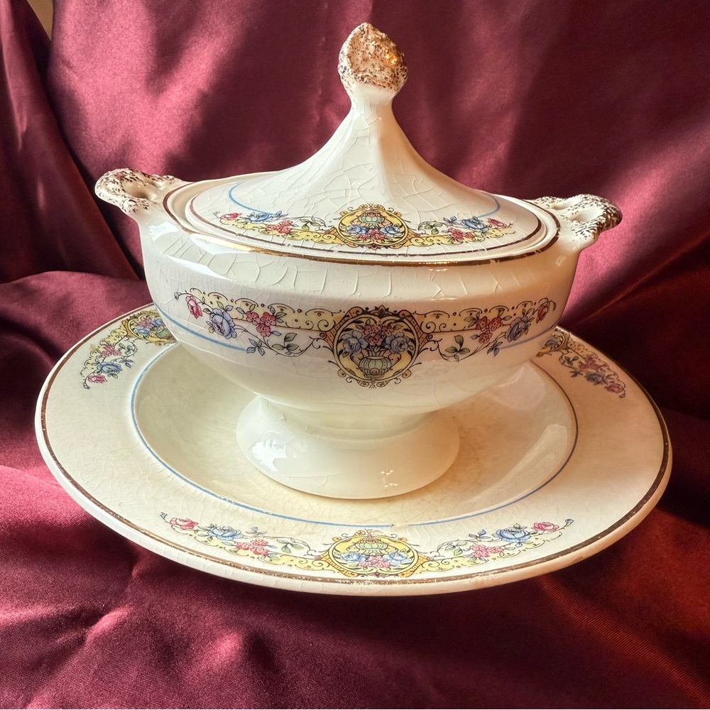 Canonsburg China two handled covered Serving Dish with Underplate Vintage